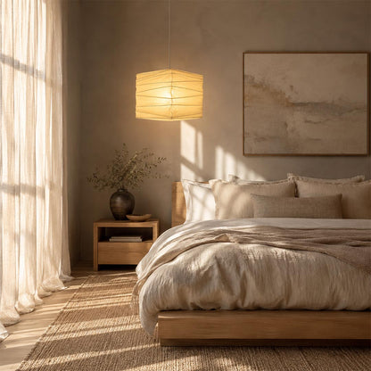 Washi Paper 33X 45X Pendant Light floating above a bed in a minimalist Japandi style bedroom by Stuber Lighting.