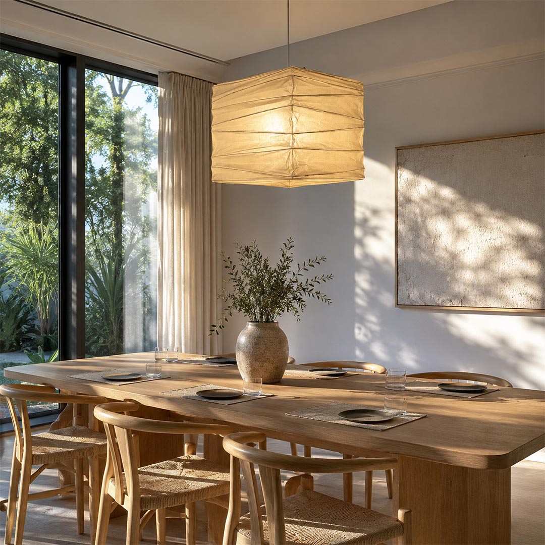 Minimalist Washi Paper 33X 45X Pendant Light centered over a wooden dining table in a sunlit room by Stuber Lighting.