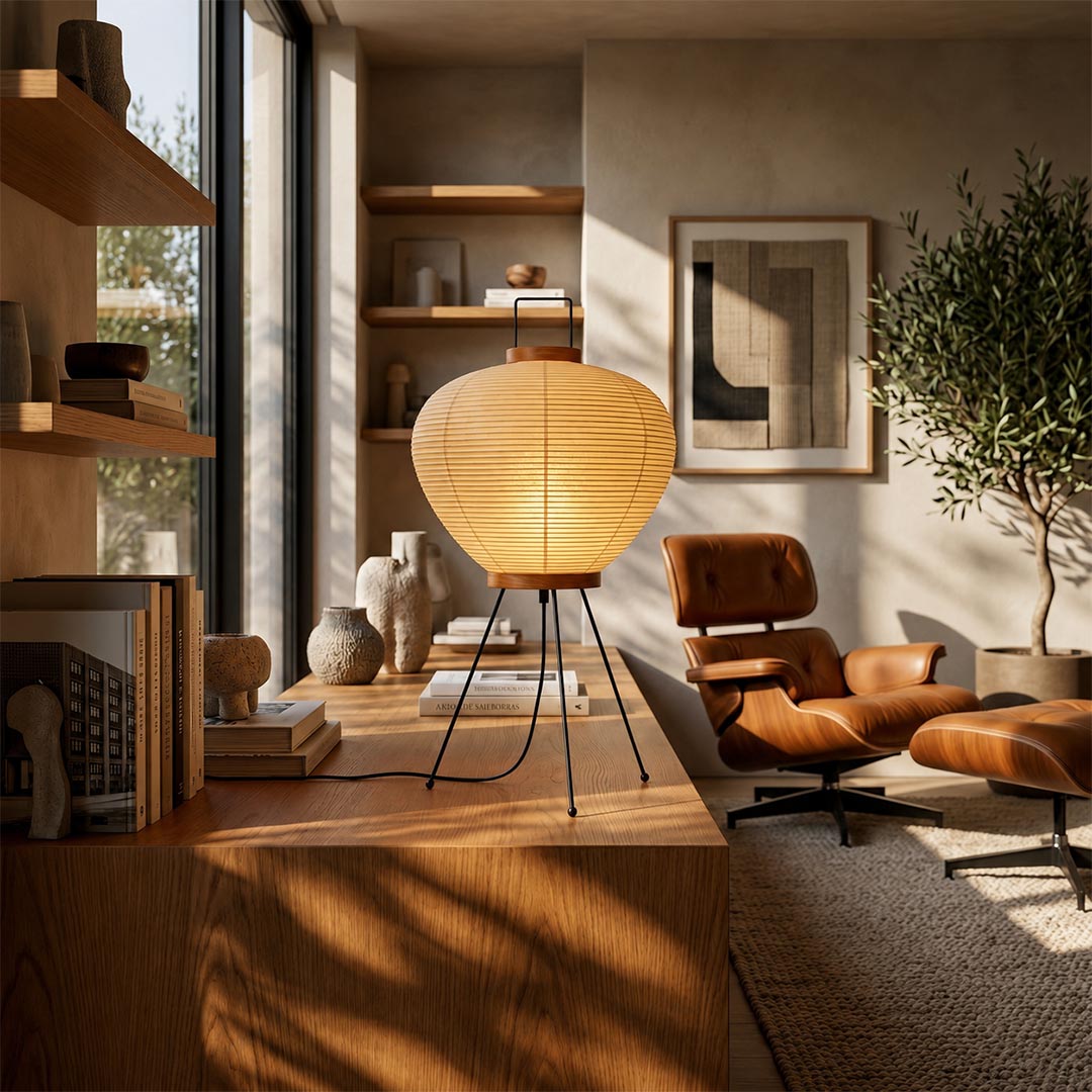 Japanese style Washi Paper 3A Desk Lamp completing an elegant home study space on a premium wooden executive desk by Stuber Lighting.