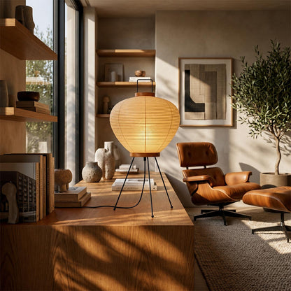 Japanese style Washi Paper 3A Desk Lamp completing an elegant home study space on a premium wooden executive desk by Stuber Lighting.