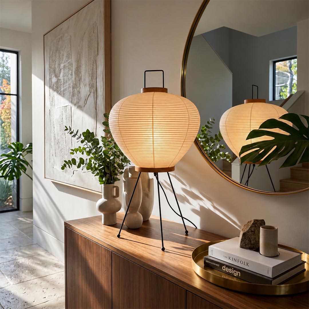 Organic modern Washi Paper 3A Lantern Lamp styled on a wooden console table underneath a large round wall mirror by Stuber Lighting.