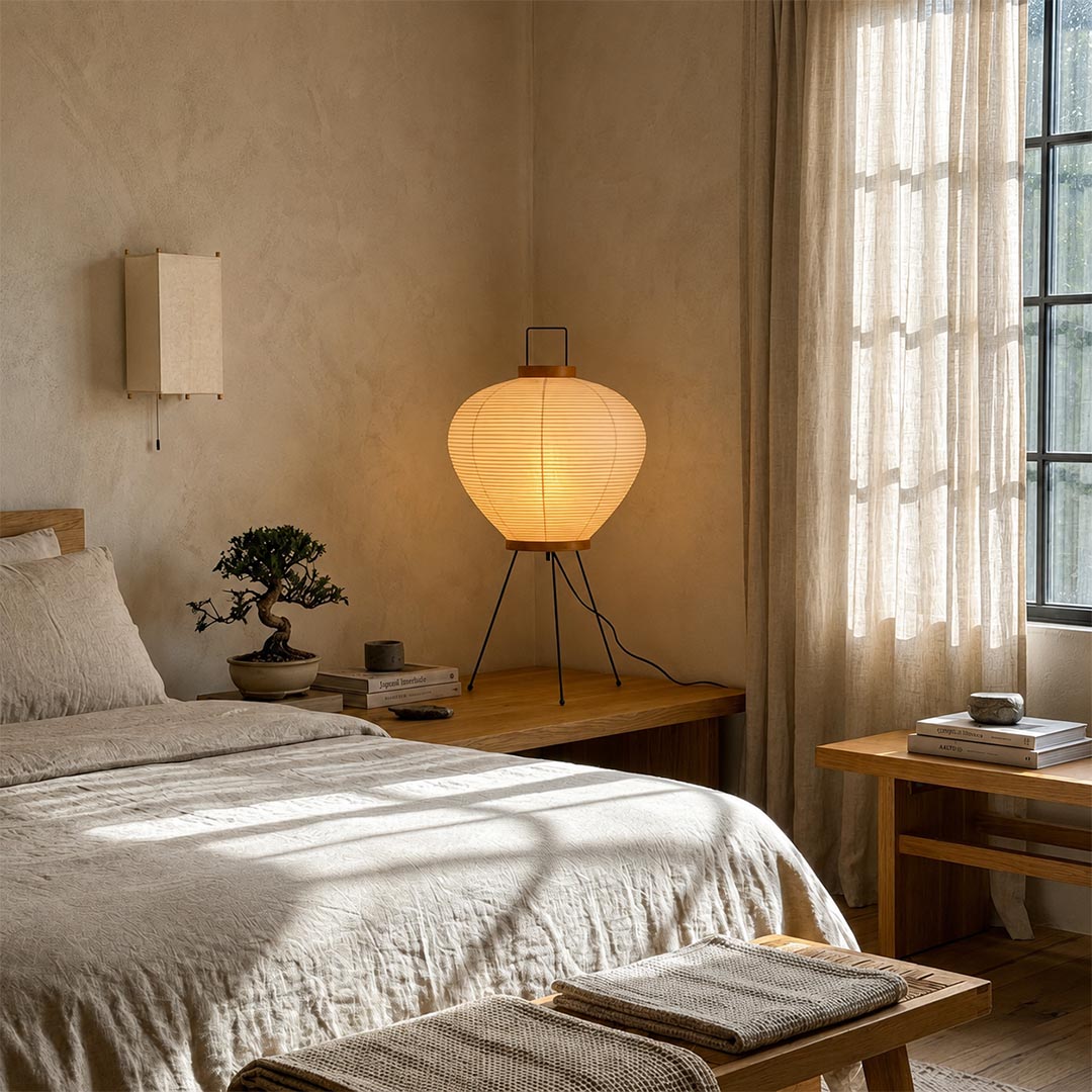 Elegant Washi Paper 3A Lantern Lamp with top handle styled as a cozy bedside light on a wooden nightstand by Stuber Lighting.