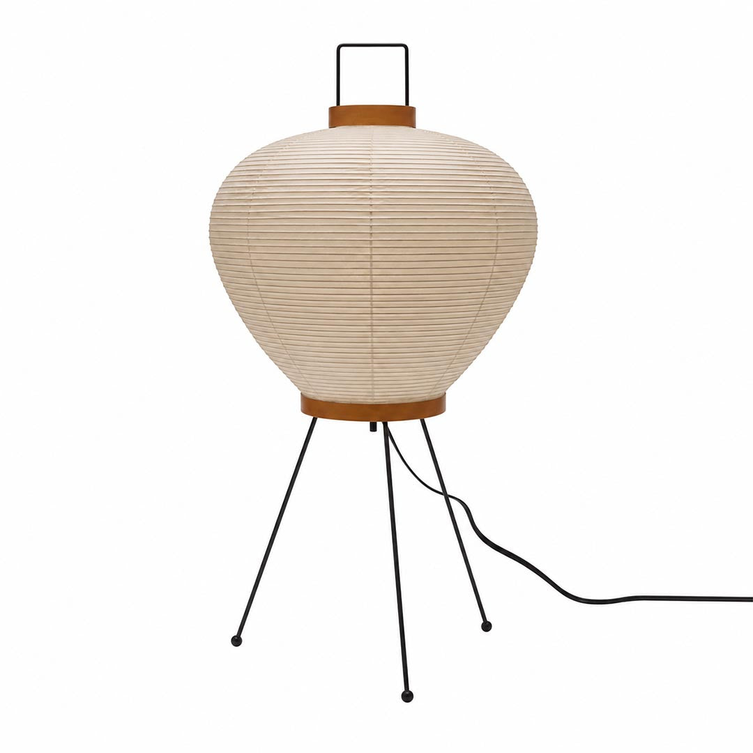 The organic structured silhouette and top handle of an unlit textured Washi Paper 3A Table Lamp on a white background by Stuber Lighting.