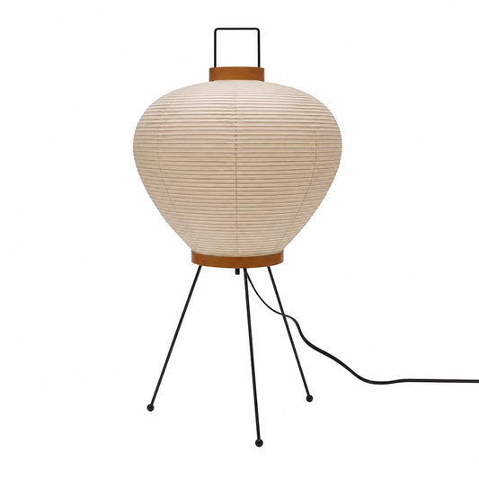 The organic structured silhouette and top handle of an unlit textured Washi Paper 3A Table Lamp on a white background by Stuber Lighting.