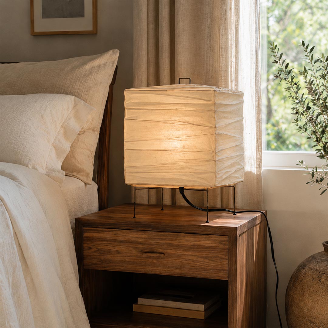 Cozy bedroom decor featuring a square paper lantern bedside table lamp - Stuberlighting