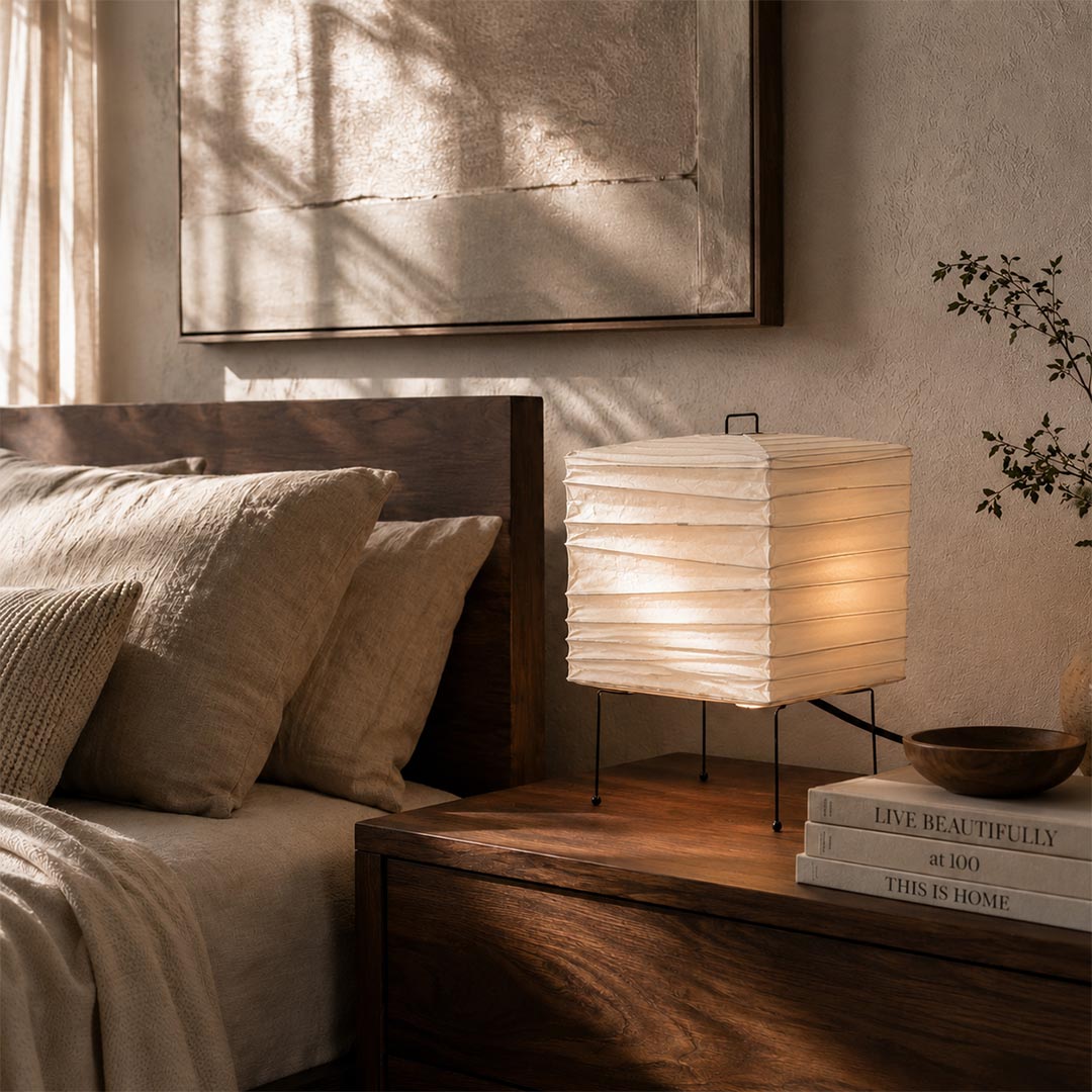 Cozy bedroom decor featuring a square paper lantern bedside table lamp - Stuberlighting