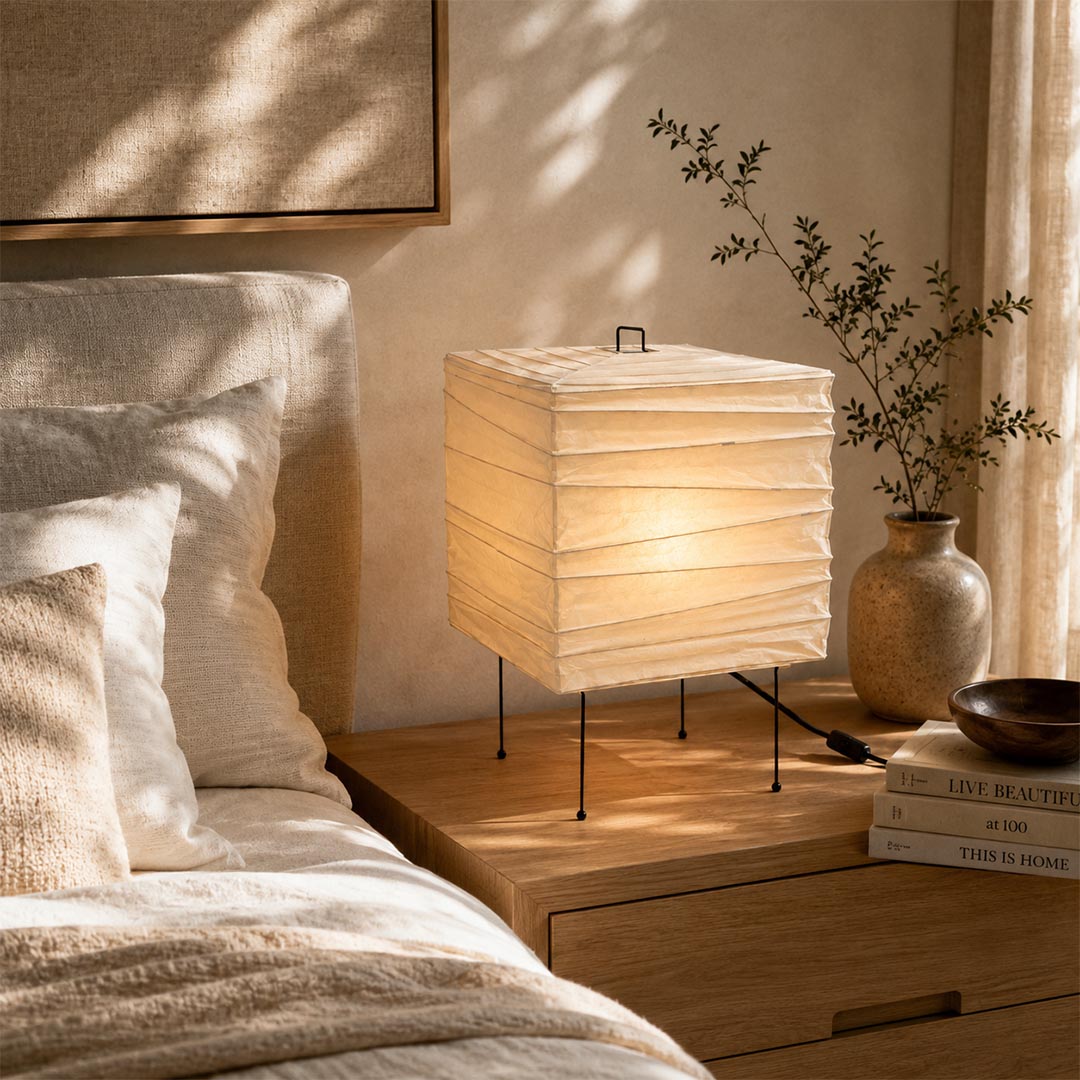 Cozy bedroom decor featuring a square paper lantern bedside table lamp - Stuberlighting