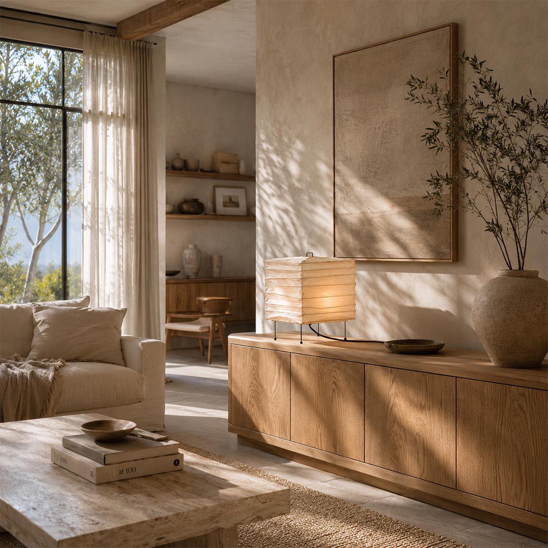 Organic modern living room credenza decorated with a Washi Paper 3X Table Lamp - Stuberlghting