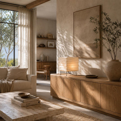 Organic modern living room credenza decorated with a Washi Paper 3X Table Lamp - Stuberlghting