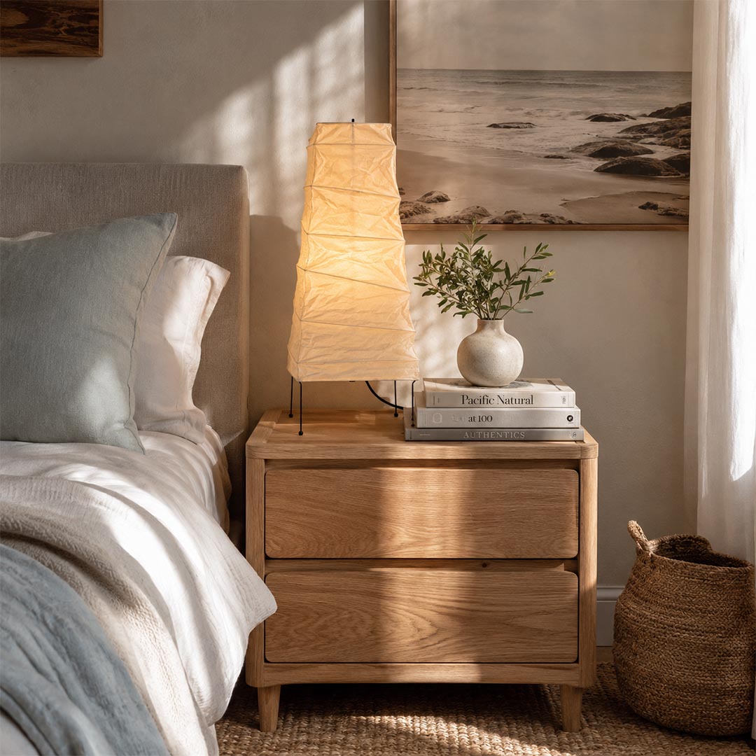 Sculptural Washi Paper 4N Table Lamp completing a serene bedroom decor as an elegant bedside light by Stuber Lighting.
