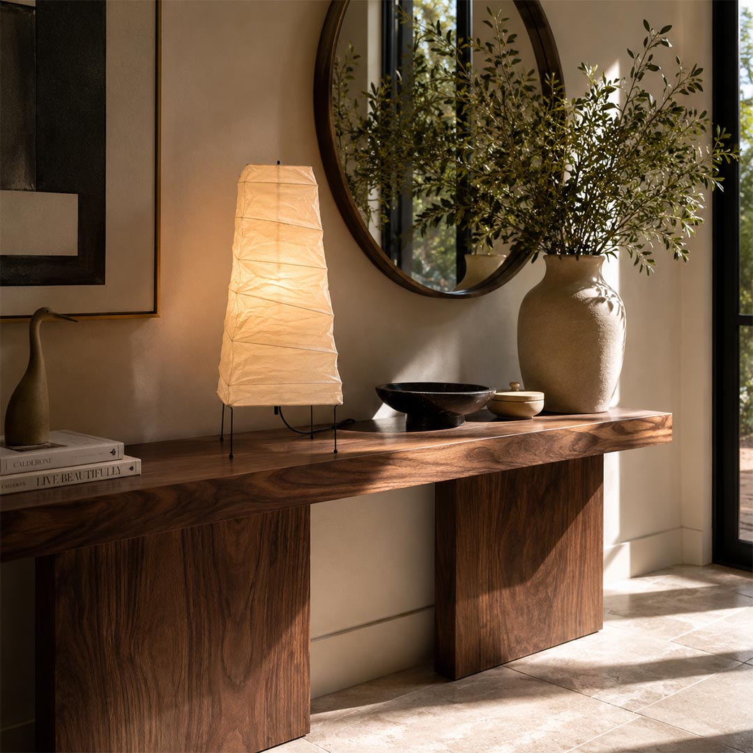 Aesthetic Washi Paper 4N Lantern Lamp placed on a rustic wooden console table beneath a round wall mirror by Stuber Lighting.