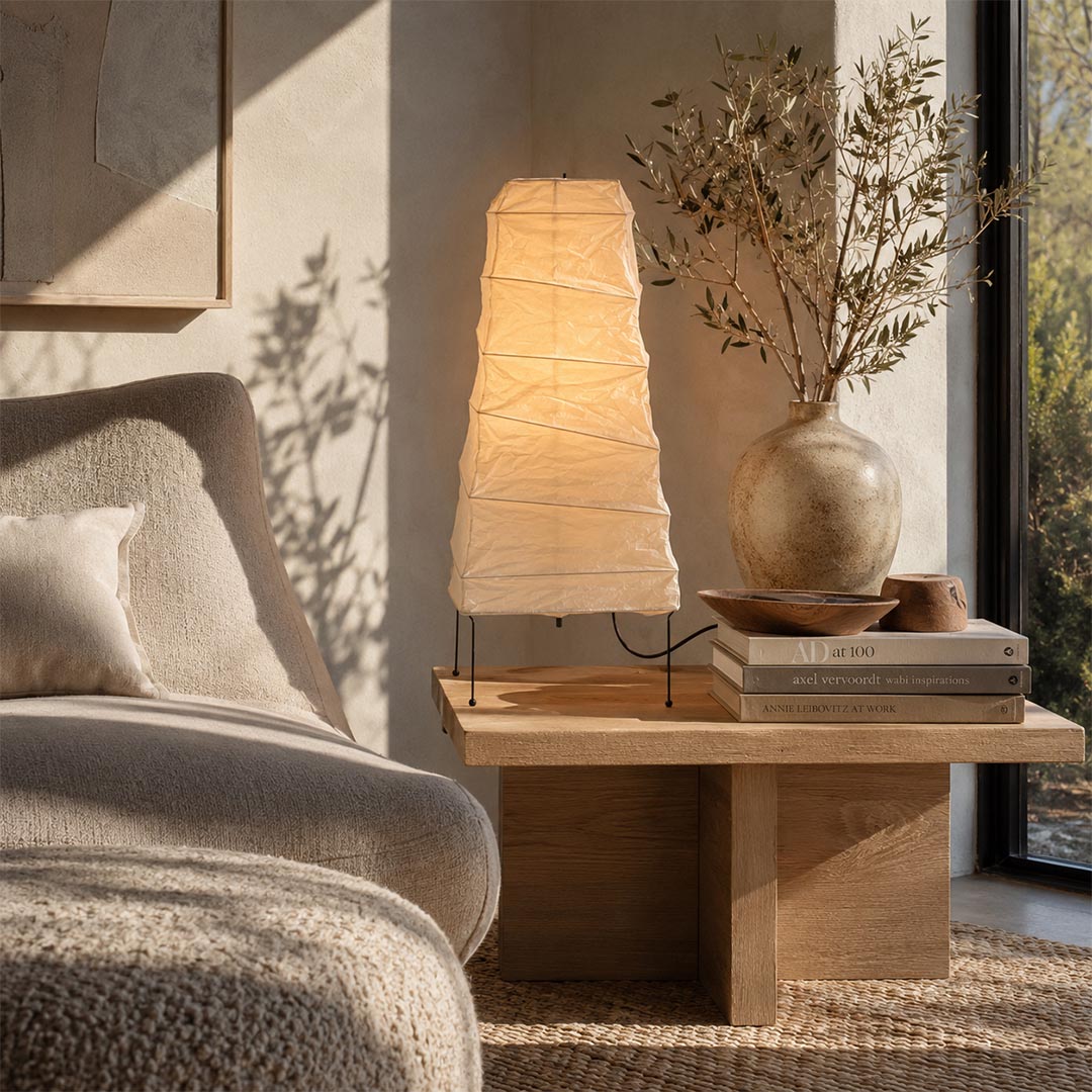 Minimalist Washi Paper 4N Table Lamp casting an organic glow in a cozy contemporary lounge corner by Stuber Lighting.