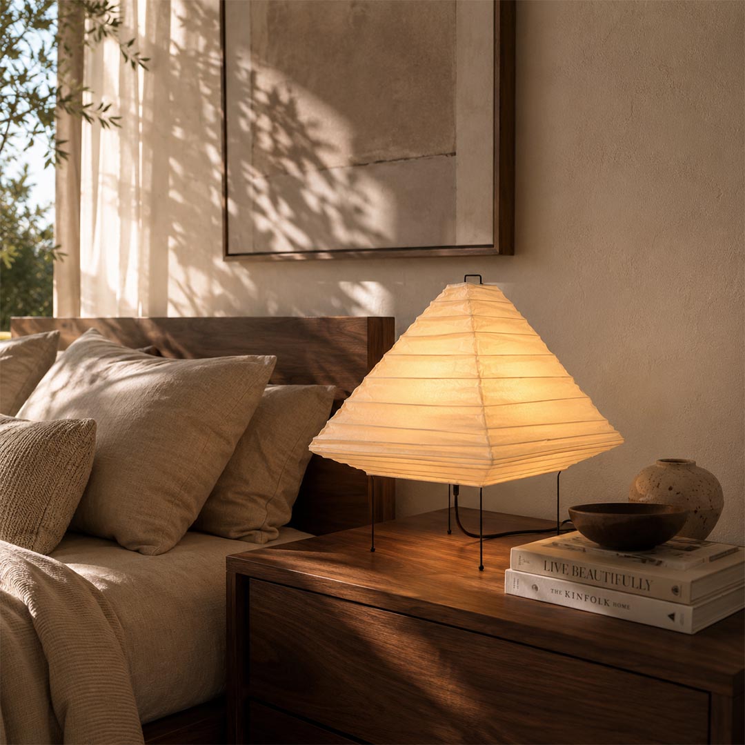 Japandi style bedroom decor with a warm Washi Paper 5X Table Lamp on the nightstand - stuberlighting
