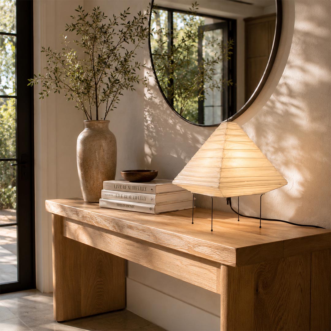 Wabi-sabi entryway setup with Washi Paper 5X Table Lamp on a wooden console table - stuberlighting