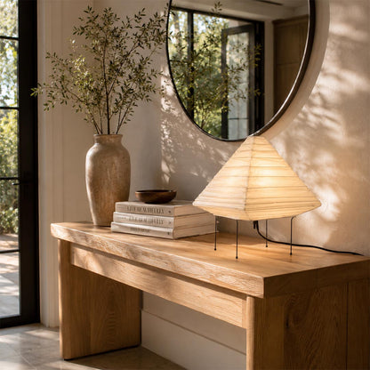 Wabi-sabi entryway setup with Washi Paper 5X Table Lamp on a wooden console table - stuberlighting