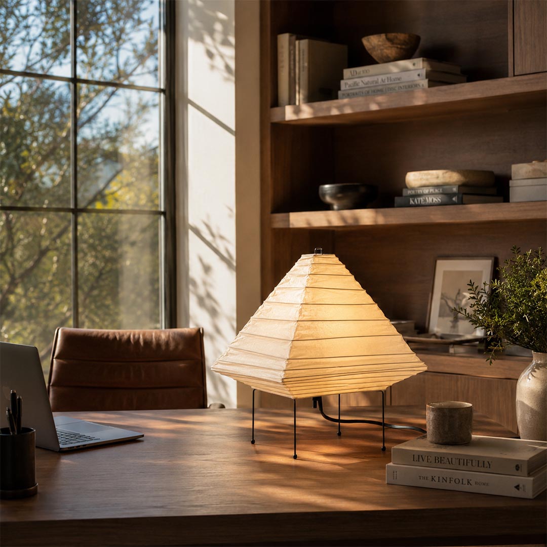 Elegant home office desk design illuminated by a Washi Paper 5X Table Lamp - stuberlighting