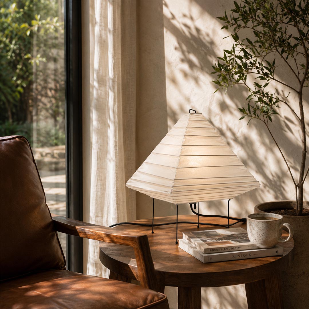 Cozy wabi-sabi living room reading corner featuring pyramid paper table lamp - stuberlighting