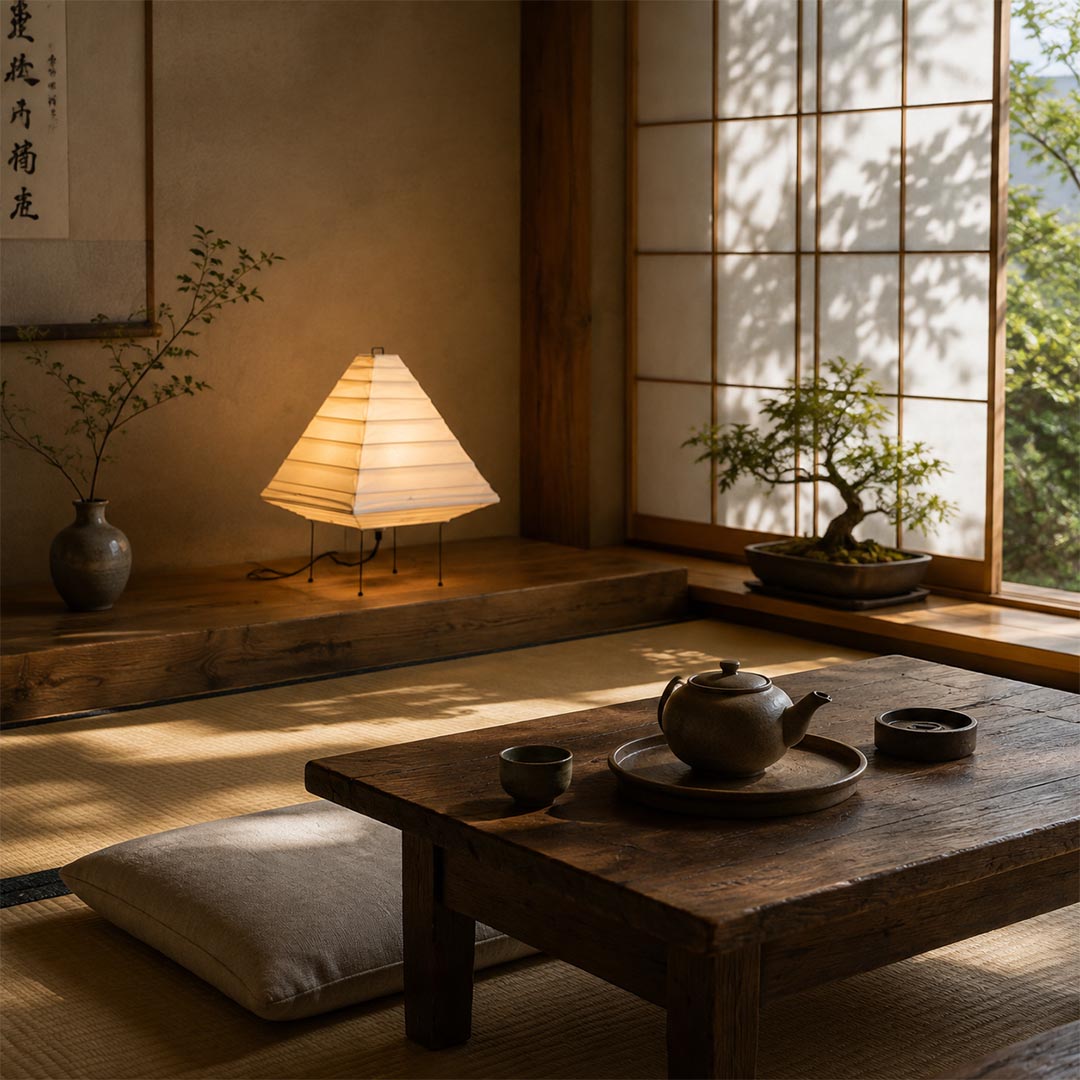 5X washi paper pyramid table lamp illuminating a minimalist Japanese tatami room with bonsai and wooden tea table
