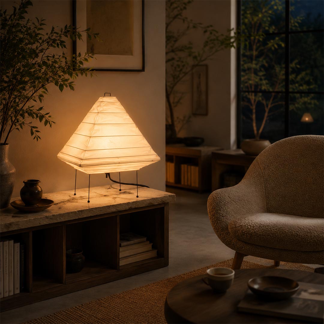 Warm ambient glow of the 5X washi paper pyramid table lamp placed on a low concrete console in a modern living space