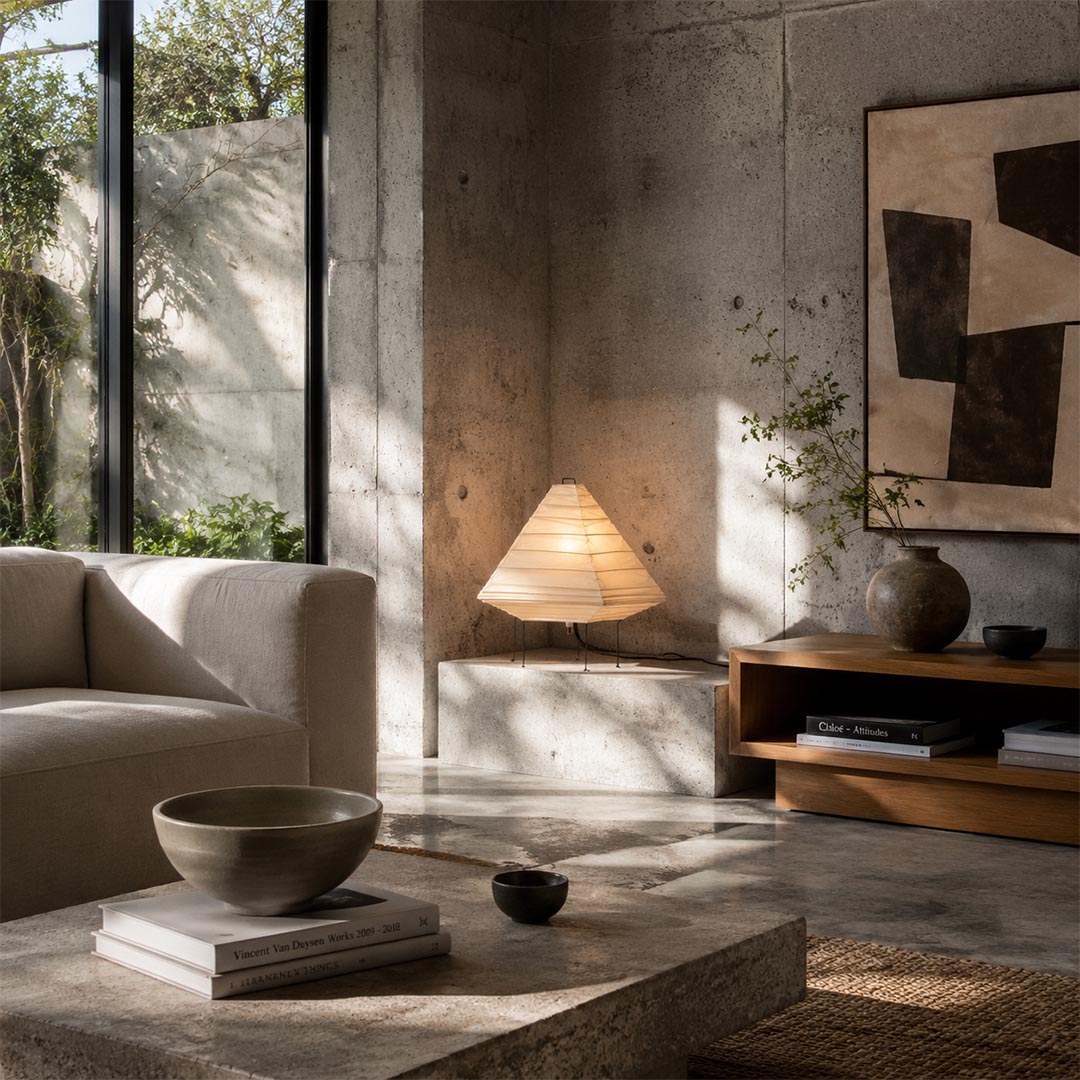 Sunlit living room corner featuring the 5X washi paper pyramid table lamp on a rustic wooden stand