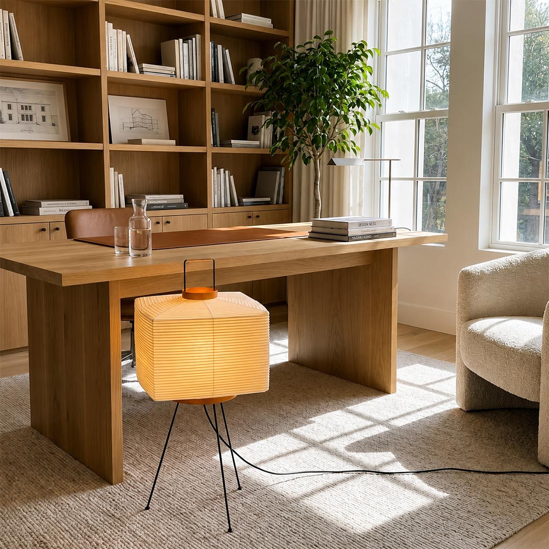 Aesthetic square Washi Paper 9A Lantern Lamp styled on the floor in a sunlit wooden home study by Stuber Lighting.