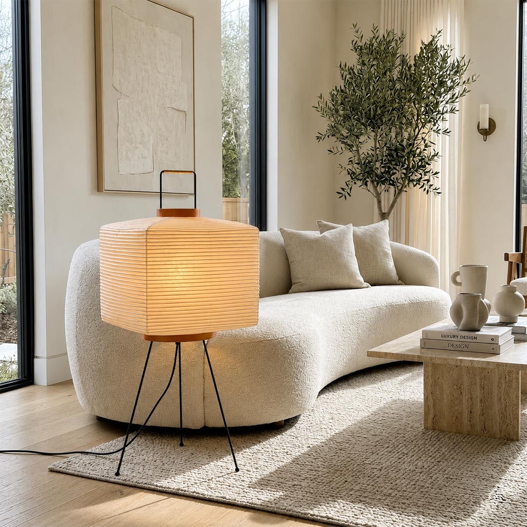 Japanese style square Washi Paper 9A Lamp illuminating a cozy mid-century library corner with a leather lounge chair by Stuber Lighting.