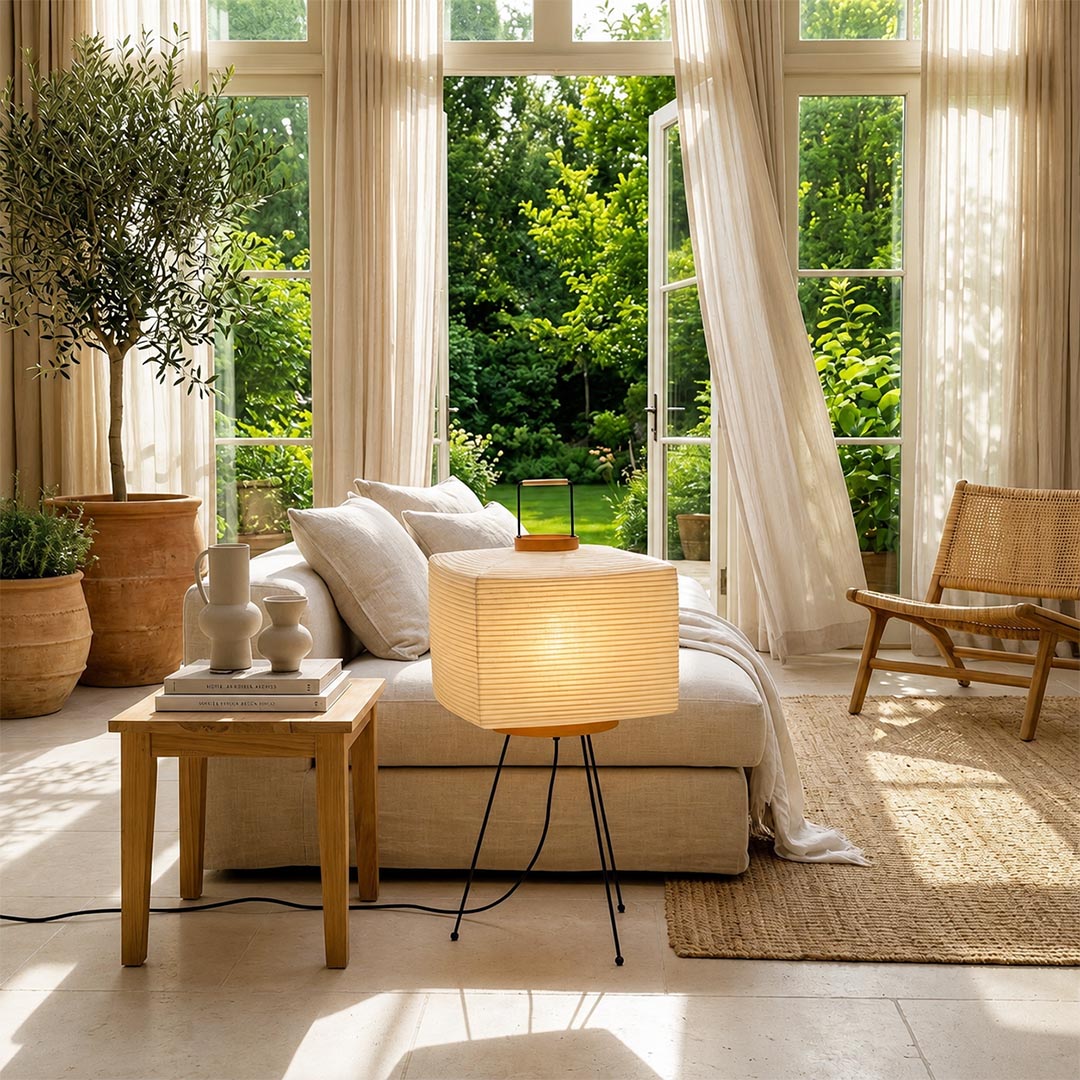 Japanese style square Washi Paper 9A Lamp illuminating a cozy mid-century library corner with a leather lounge chair by Stuber Lighting.