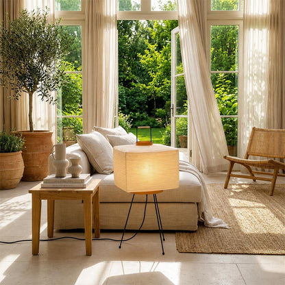 Japanese style square Washi Paper 9A Lamp illuminating a cozy mid-century library corner with a leather lounge chair by Stuber Lighting.