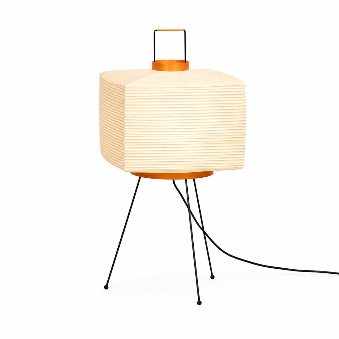 Illuminated square Washi Paper 9A Table Lamp with a top handle and tripod legs against a white background by Stuber Lighting.