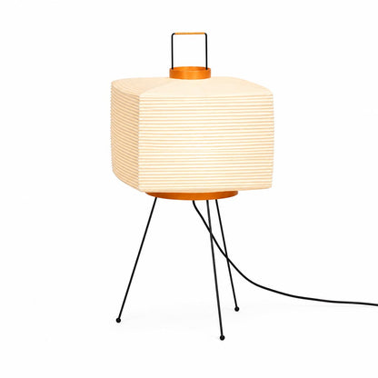 Illuminated square Washi Paper 9A Table Lamp with a top handle and tripod legs against a white background by Stuber Lighting.