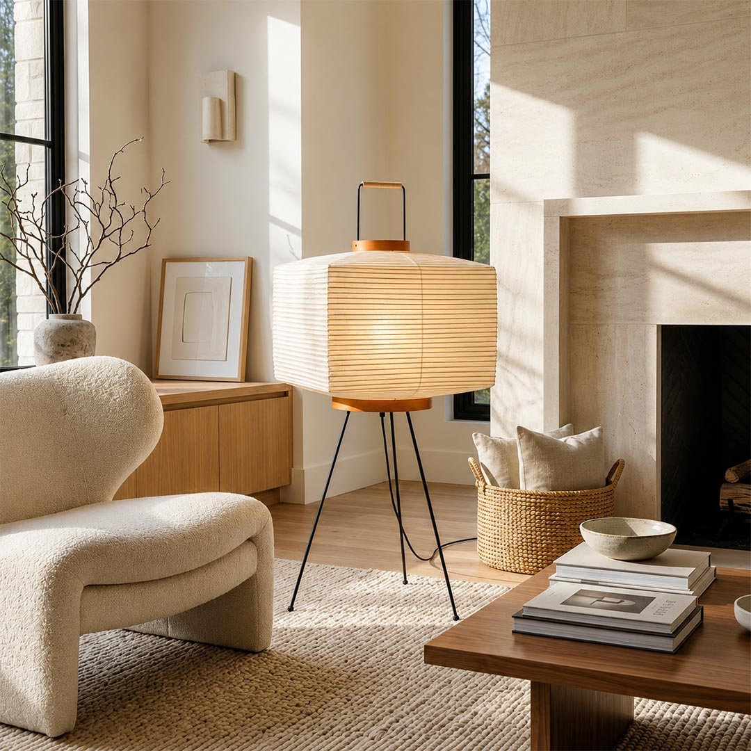 A welcoming reading corner featuring a square Washi Paper 9A Tripod Lamp next to a fireplace and armchair by Stuber Lighting.