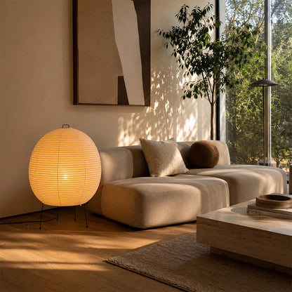 Organic modern living room carpet decorated with a Washi Paper Bonn Light - stuberlighting