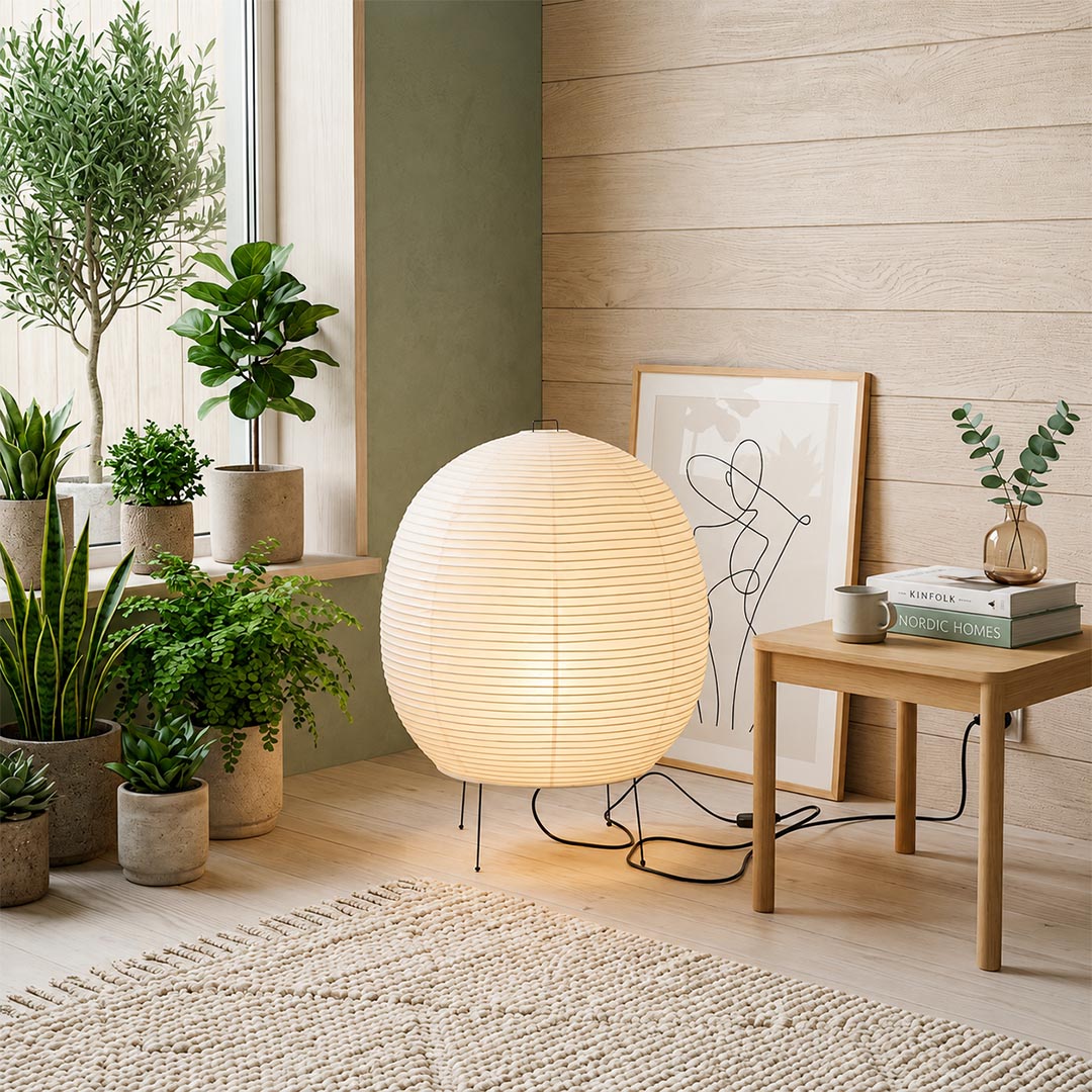Round rice paper desk lamp next to indoor green plants and succulents - stuberlighting