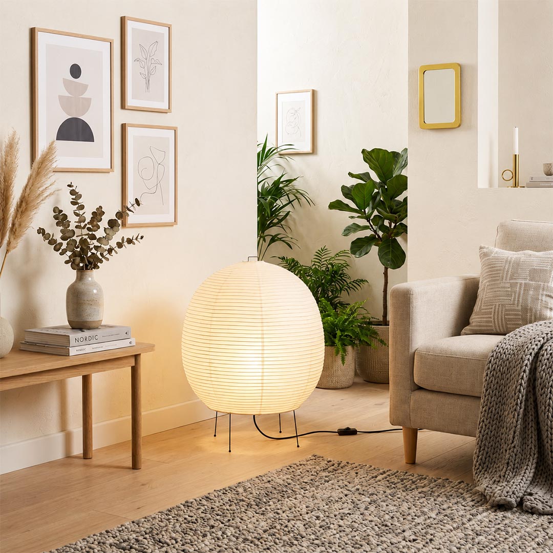 Contemporary room styling with Washi Paper Bonn Table Light on a side table - stuberlighting