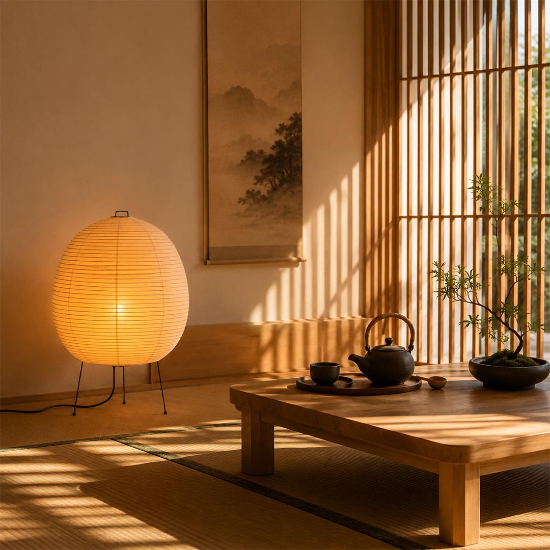 Washi Paper Bonn Table Light in a traditional Japanese tatami tea room - stuberlighting
