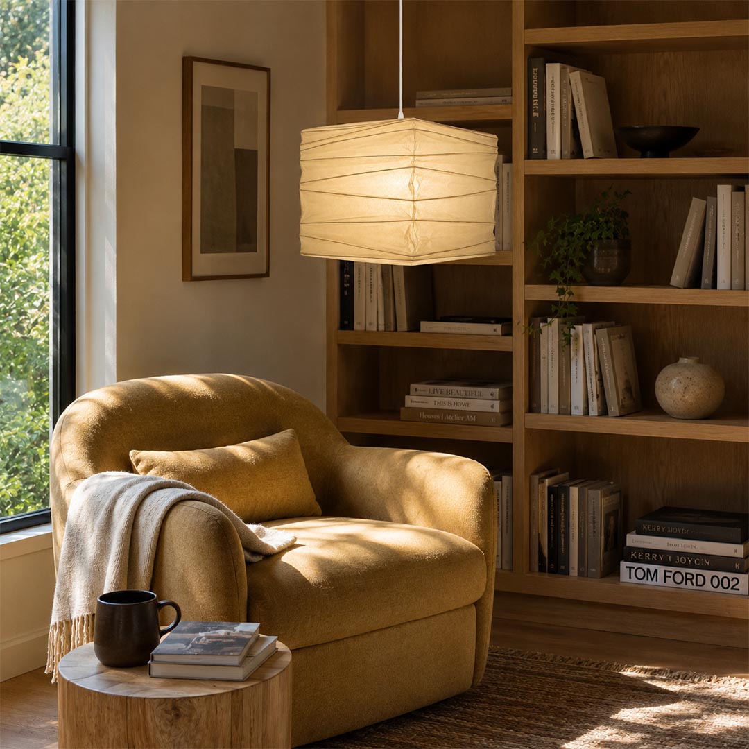 Warmly lit Washi Paper square pendant lamp hanging over a cozy lounge chair near a bookshelf by Stuber Lighting.