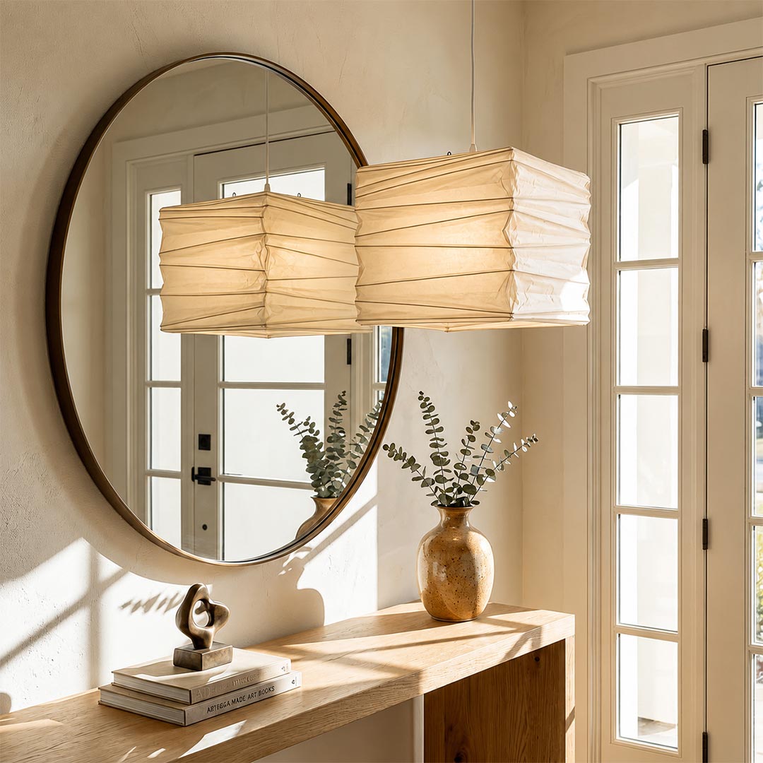 Welcoming square Washi Paper pendant light styled near a round mirror and console table in an entryway by Stuber Lighting.