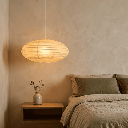Washi Paper EN Series Pendant Light saucer shape illuminated with warm glow