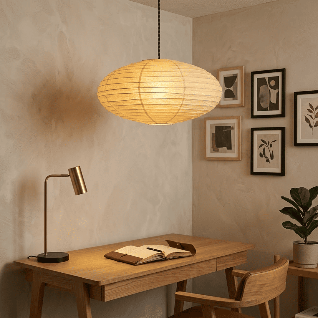 Washi Paper EN Series Pendant Light saucer shape illuminated with warm glow