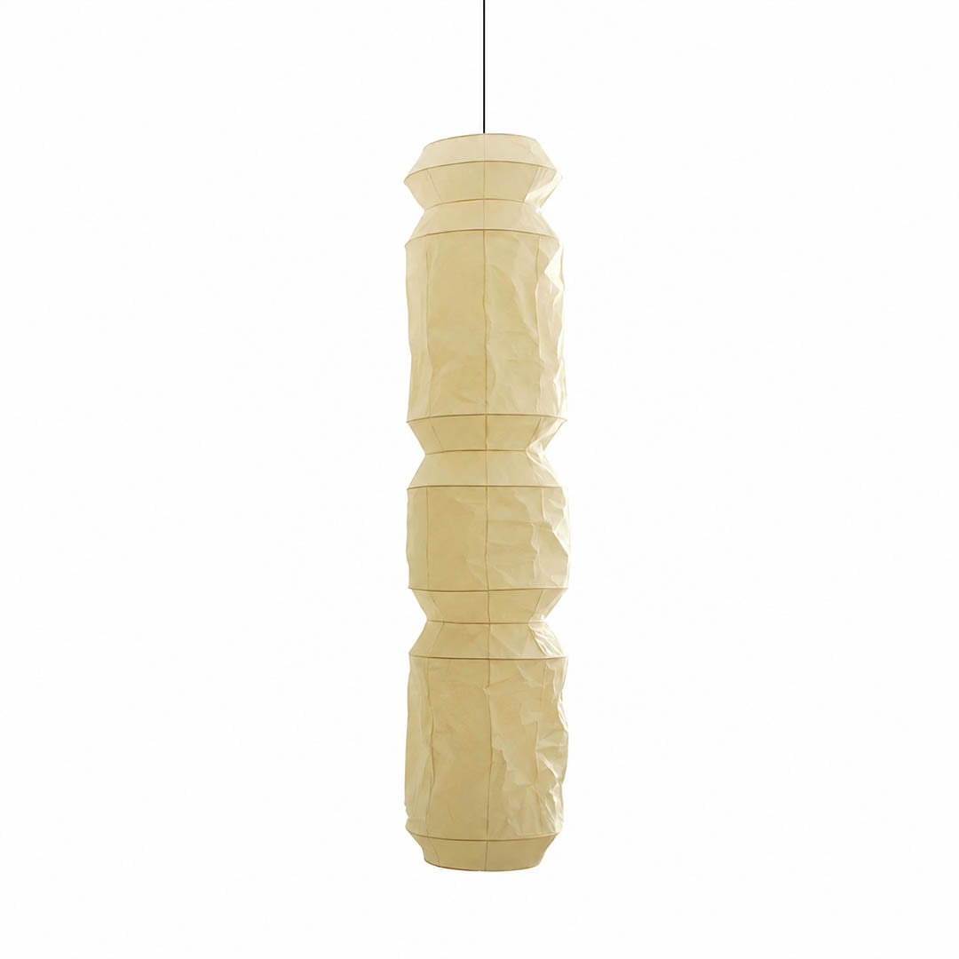 Washi Paper L6 pendant light Japanese handcrafted vertical drop cylinder 63 inch tall 13.8 inch diameter black wire ultra tall dramatic column minimalist Zen atrium foyer staircase double height white background