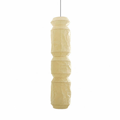 Washi Paper L6 pendant light Japanese handcrafted vertical drop cylinder 63 inch tall 13.8 inch diameter black wire ultra tall dramatic column minimalist Zen atrium foyer staircase double height white background