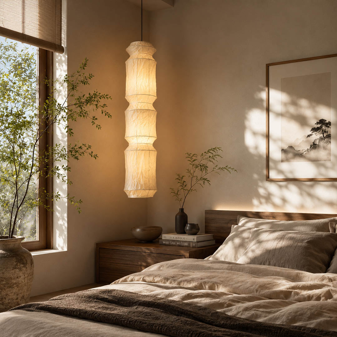 Washi Paper L6 pendant light 63 inch tall black wire modern primary bedroom loft double height dramatic architectural sculptural statement minimalist Japandi warm ambient elegant lifestyle interior