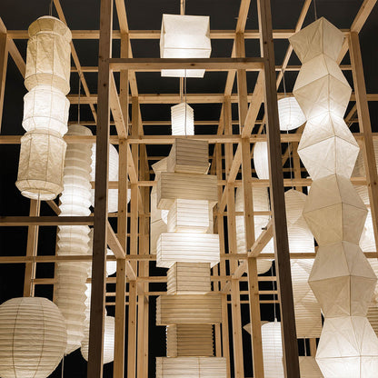Washi Paper L6 pendant light 63 inch tall white wire modern art gallery exhibition space architectural sculptural statement minimalist Japandi contemporary warm ambient lifestyle interior