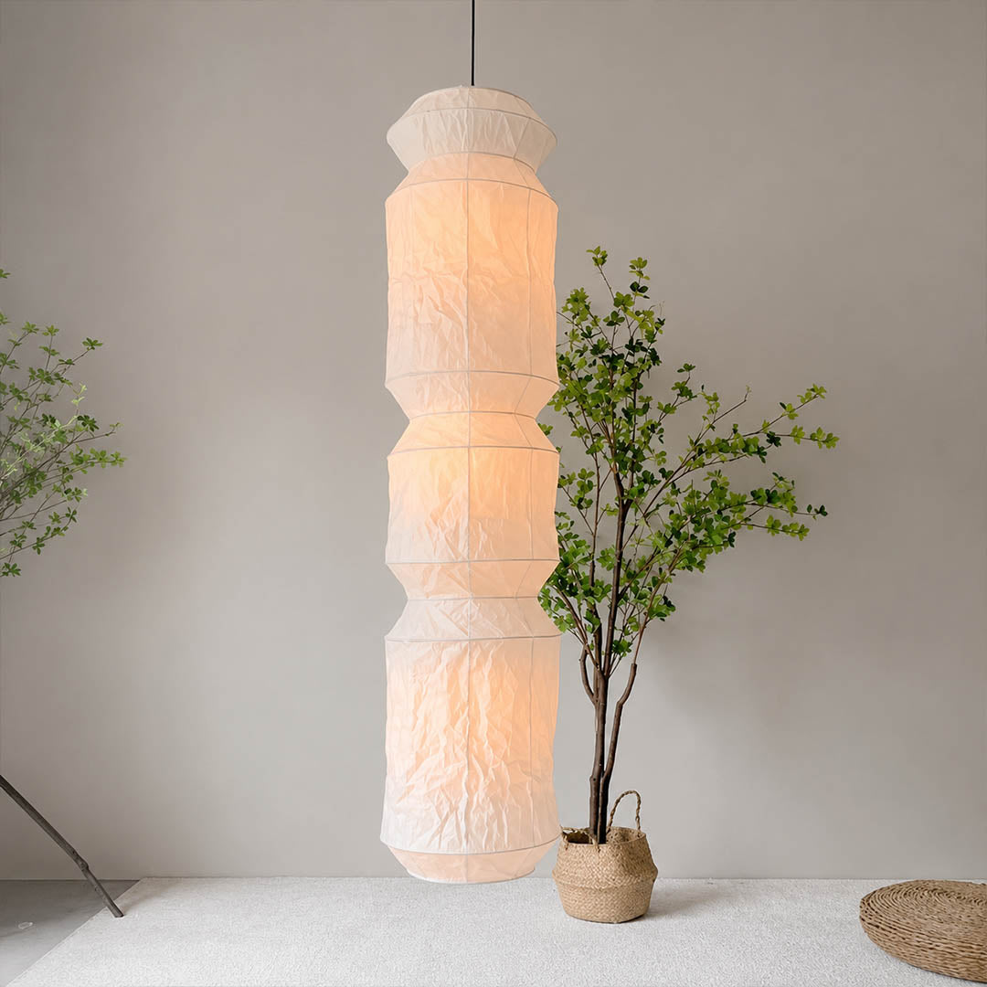 Washi Paper L6 pendant light 63 inch tall white wire modern dining room double height statement architectural sculptural minimalist Japandi warm ambient elegant lifestyle interior