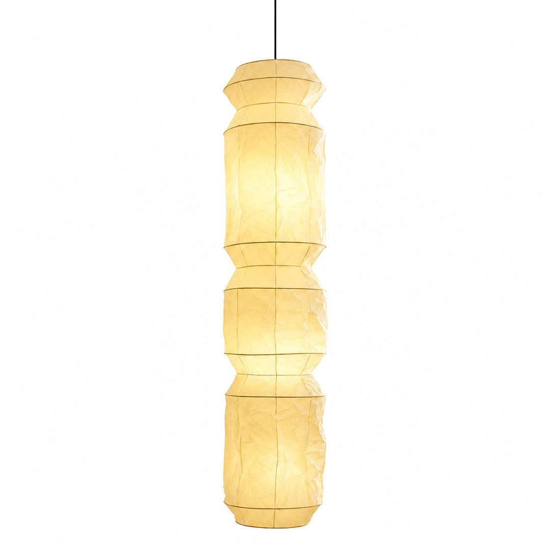 Washi Paper L6 pendant light Japanese handcrafted vertical drop cylinder 63 inch tall 13.8 inch diameter black wire ultra tall dramatic column minimalist Zen atrium foyer staircase double height white background