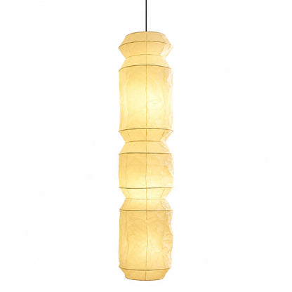 Washi Paper L6 pendant light Japanese handcrafted vertical drop cylinder 63 inch tall 13.8 inch diameter black wire ultra tall dramatic column minimalist Zen atrium foyer staircase double height white background