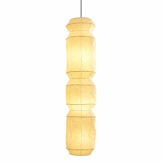 Washi Paper L6 pendant light Japanese handcrafted vertical drop cylinder 63 inch tall 13.8 inch diameter black wire ultra tall dramatic column minimalist Zen atrium foyer staircase double height white background