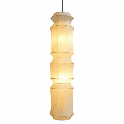 Washi Paper L6 pendant light Japanese handcrafted vertical drop cylinder 63 inch tall 13.8 inch diameter black wire ultra tall dramatic column minimalist Zen atrium foyer staircase double height white background