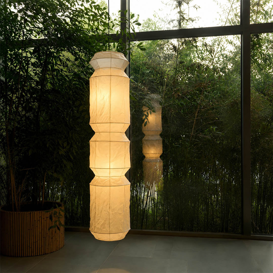 Washi Paper L6 pendant light 63 inch tall white wire modern art gallery exhibition space architectural sculptural statement minimalist Japandi contemporary warm ambient lifestyle interior