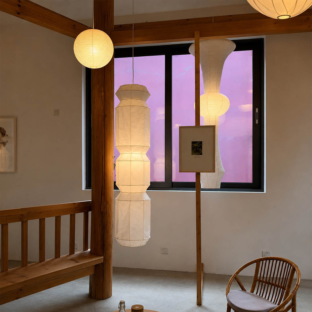Washi Paper L6 pendant light 63 inch tall white wire modern art gallery exhibition space architectural sculptural statement minimalist Japandi contemporary warm ambient lifestyle interior